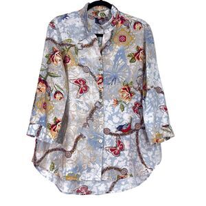 John Mark Baroque Linen Tunic Top Medium Birds Butterflies Floral Wired Collar